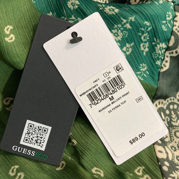 NWT Guess Blouse Short sleeve Ferra Top Sheer Bandana Print Green Side Tie M - Picture 9 of 13